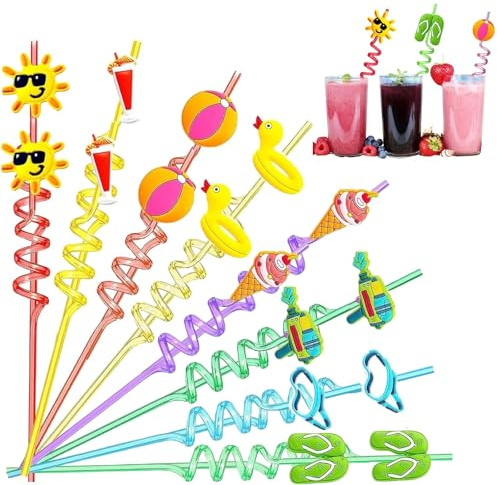 16 st spiralsugrör – plastsugrör – cocktailsugrör fest | Sommar Hawaii, återanvändbara, mångsidiga festmotiv, bubbeltesugrör för picknick och trädgårdsfirande och poolfest och