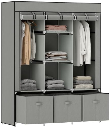 HOMCOM Foldable Fabric Wardrobe for Bedroom, Portable Wardrobe with 5 Shelves, 2 Hanging Rails and 3 Fabric Drawers, Light Grey