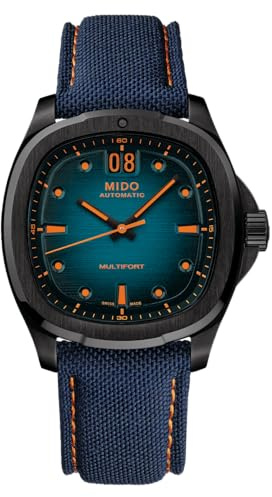 MIDO Multifort TV Big Date - Swiss Automatic Watch for Men - 40mm Black PVD Case - Blue Dial - Blue Fabric Strap with Orange Stitching- M0495263704100