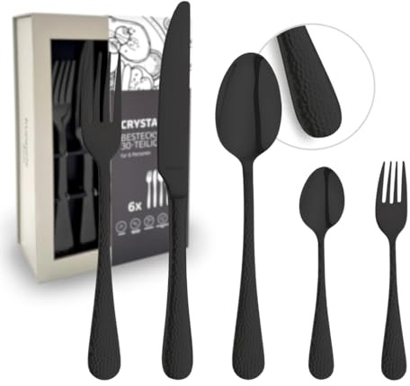 Kuppels CRYSTAL - Set di posate per 6 persone, in PVD, 30 pezzi, design martellato, in acciaio inox 18/0 lucidato a specchio, 6 coltelli da menù, forchetta, cucchiaio, cucchiaino da caffè e forchette