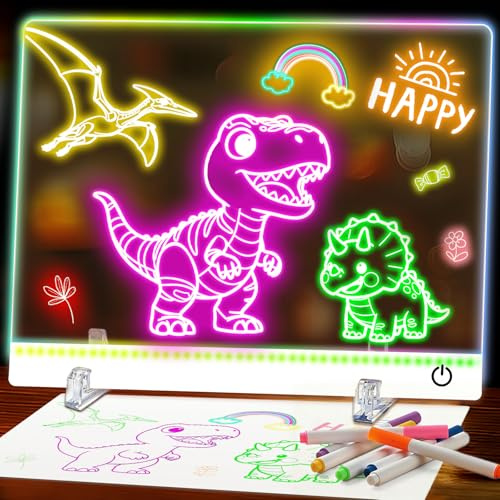 16 Inch LED Drawing Board for Kids - USB C Rechargeable 7 Color Light Up Acrylic Note Pad with Stand, 13.7x10 Dry Erase Board, 7 Markers & Tracing Book, Gifts for Girls 6-12 Year Old