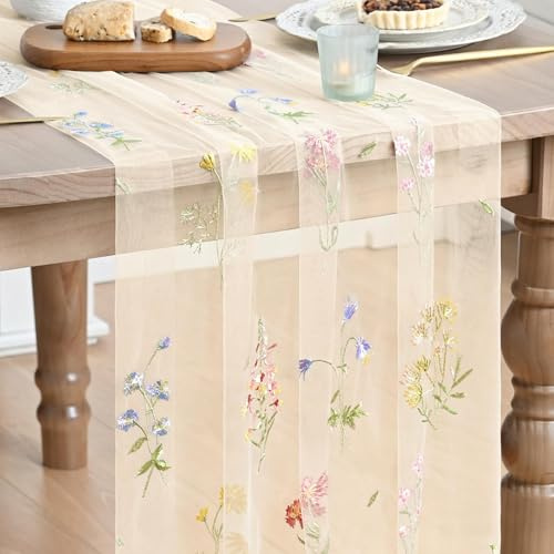Artoid Mode Wildflower Floral Beige Apricot Gauze Embroidery Table Runner 120 Inch 10FT, Tulle Seasonal Spring Kitchen Dining Table Decor for Home Party