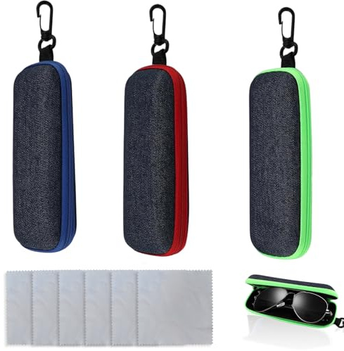 Rdunulioo 3 Stück Brillenetui Hardcase, Mode Tragbare Brillenetuis mit Reißverschluss und Karabinerhaken Inkl. 6 Mikrofaser Reinigungstücher, Brillenbox für Brillen, Schlüssel und Stifte