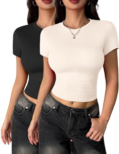 Zeagoo Conjunto de 2 Camiseta Ajustada Mujer Verano Manga Corta T Shirt Básica Sólido Sexy Camisetas Cuello Redondo Camisa Streetwear Beige y Negro Set M