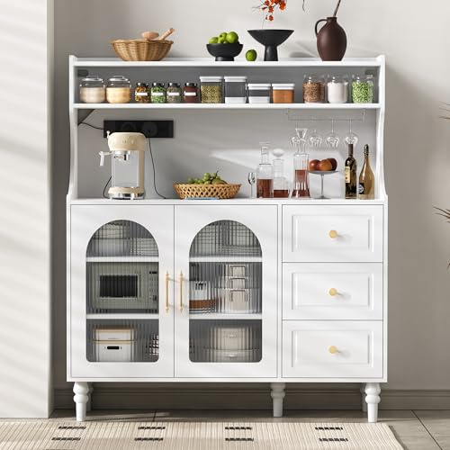 ZKLOEP Armadio da bar alto con prese e cassetti, con porta bicchieri da vino e vano portaoggetti, armadio da cucina con ripiani a strati regolabili, ideale per cucina e sala da pranzo (bianco)