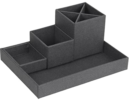 BIGSO LENA Schreibtisch Organizer für Stifte, Büroklammern, Haftnotizen usw. – Sortierkasten mit 4 Fächern – Ordnungssystem aus Faserplatte und Papier in Leinenoptik - schwarz