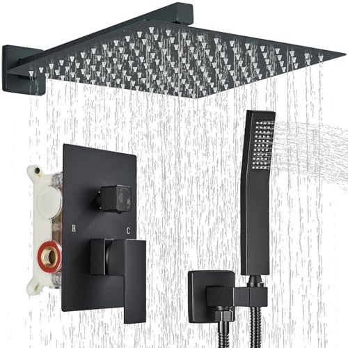 Ackwave Shower Faucet Matte Black Shower System with 12 Inches Rain Shower Head and Handheld Spray Bathroom Luxury Rain Shower Faucet Set Complete Wall Mounted
