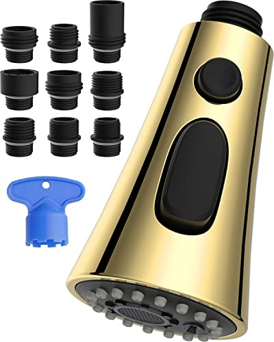 Hibbent Pull Down Kitchen Faucet Spray Head Replacement, 3-Function Gold Kitchen Sink Spray Nozzle with 9 Adapters Compatible with Moen, American Standard, Delta, Kohler Faucets, Polished Brass