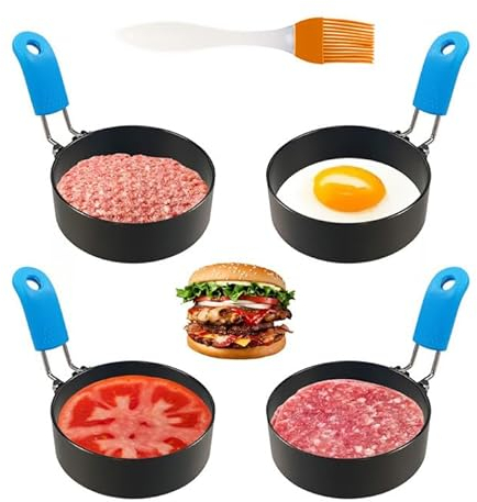 RZMZBY Pancake Form Egg Ring, Mit Bürsten，4 Pack 7,5cm Spiegeleiform Ei Ring, Antihaftbeschichtung zum Mit BürstenKochen von Spiegelei/Pfannkuchen/Omeletts und mehr