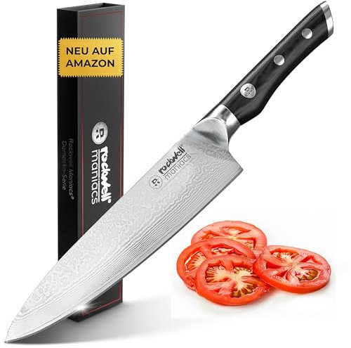 rockwell maniacs Damastmesser Kochmesser Damast Küchenmesser 67 Lagen Damaststahl mit VG10 Schneidekern G10 Griff 20,5 cm Klinge scharfes Küchenmesser Damaststahl Geschenk für Männer