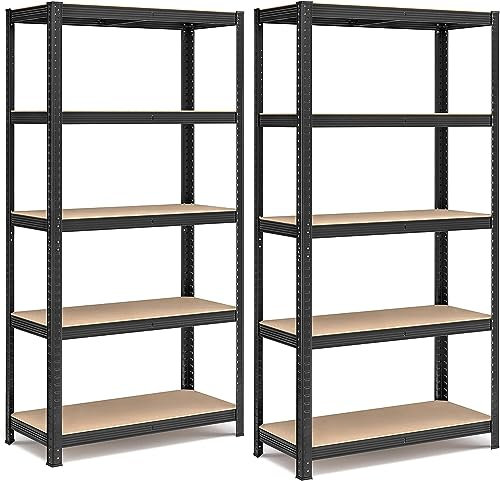 Klink Estantería Metálica Negra Almacenaje 5 Baldas Ajustables 180 x 90 x 40 cm Sin Tornillos para Gareje Trastero Organizador Color Negro (2 Unidades)