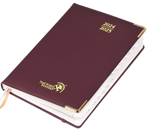 POPRUN Premium Kalender 2025 Wochenplaner (Aug.2024-Dez.2025), ca. A5 (22 x 16,5 cm), 17-Monate-Terminplaner, Buchkalender 2025 Hardcover mit Vergoldete Schutzecken, 100 GSM Papier - Weinrot