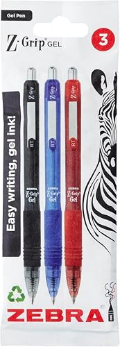 ZEBRA Pen Z Grip Assorted Gel Pens 3pk - 0.7mm Retractable Coloured Pens with Clip, Smudge Proof, Rapid Dry, Comfort Grip, Water Resistant - 3 Gel Pens Multipack (Multicolour - Black, Blue, Red)