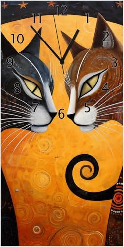 Wallario Design-Wanduhr Katzen im Mondlicht aus Glas, Motiv-Uhr Größe 30 x 60 cm, Schwarze Zeiger