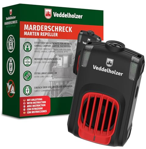 Veddelholzer Marderabwehr mit USB Stecker Ultraschall & LED Blitzlichter für 70m² Marderschreck für Dachboden, Haus, Garage, Carport, Keller, Gartenhütte UVM auf natürliche Weise Marder vertreiben