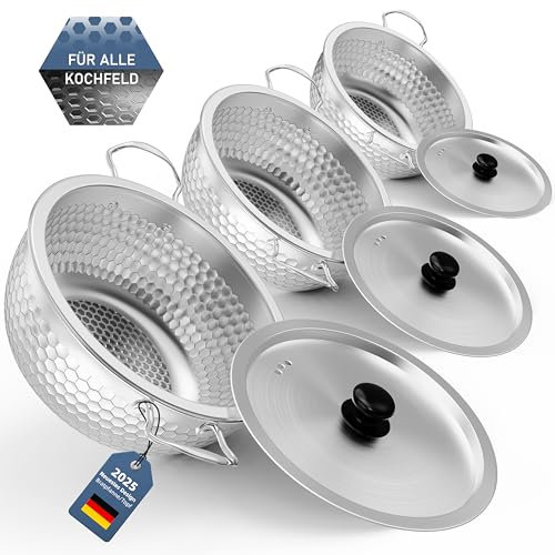 Schmorpfanne mit Deckel, Schmorpfannen-Set aus Edelstahl, langlebiges 18cm+20cm+22cm PFOA-freies Kochgeschirr, spülmaschinen- und ofenfest, kompatibel mit allen Kochfeldern (Silber H1)