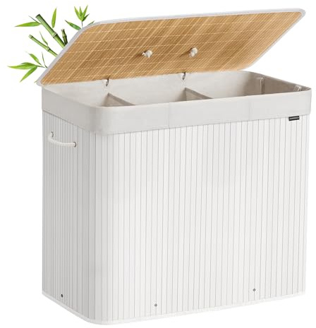 SONGMICS Wäschekorb mit Deckel, 3 Fächer, 170 Liter, Wäschesammler aus Bambus, faltbar, Wäschesack herausnehmbar und maschinenwaschbar, mit Griffen, für Waschküche, Schlafzimmer, weiß LCB013W01