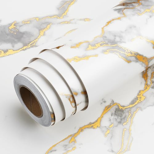 LACHEERY 60cm x 800cm Carta Adesiva per Mobili Bianca e Oro Effetto Marmo Pellicola Adesiva Mobili Cucina Vinile Rotolo Adesivo Armadio Lavabile Pellicola per Top Cucina Piano Tavolo Decorativa