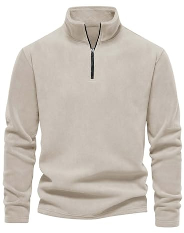 DENGJIAMY Felpa in pile con zip a un quarto da uomo vintage polo felpa tinta unita alla moda a collo alto felpe primaverili a maniche lunghe, Beige, L