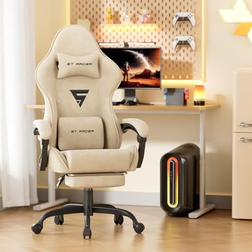 WoRaum Silla Gaming Ergonómica con Masaje de Cintura,Silla Gamer Reposapiés y Reposacabezas Retráctil,Silla Oficina Material de Terciopelo cómodo,Arroz Blanco