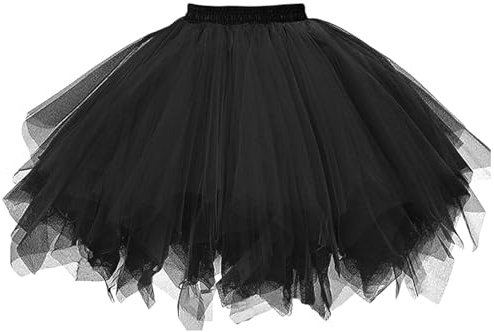 GWAWG Einfarbiger 3-lagiger kurzer Tutu-Rock für Erwachsene, 80er-Jahre-Tutu-Rock, mehrlagiger Tüll-Petticoat, Party-Kostüm, Kostüm-Accessoire, Dame, Mädchen, Damen, Schwarz , S