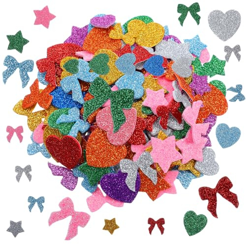 Nogeqi 240 Pcs Glitter Foam Stickers, Bow Glitter Stickers, Self Adhesive Heart Mini Star Sticker for Arts Crafts Greeting Card Envelopes Home Decoration (Colorful)
