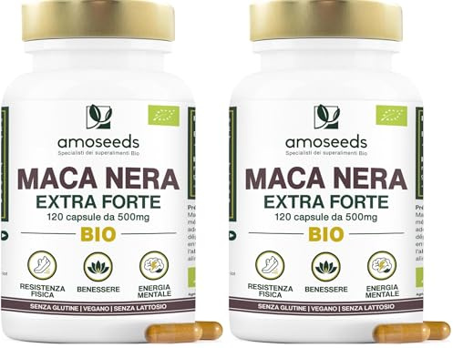 Maca Peruviana Nera BIO, 10 000mg al giorno | Estratto di radice di Qualità superiore | Equilibrio Ormonale, Energia, Benessere, | 120 Maca Capsule Vegane (Confezione da 2)