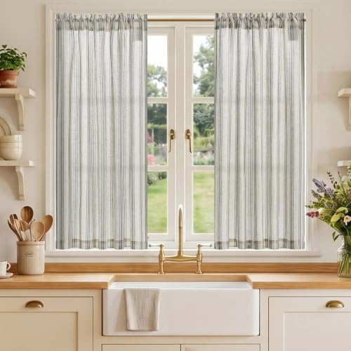 TOPICK Linen Look Kitchen Curtains, Cafe Curtains, W36 xL45 Black Striped | 2 Panels Rod Pocket Light Filtering Curtains, Half Window Curtain 2 Drapes for Bedroom, Living Room, Cupboard Base, Sink