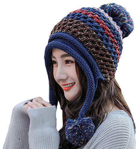 XINQIAO Women Winter Peruvian Beanie Knit Fleece Lined Ear Flaps Cap Pompon Hat (Navy)