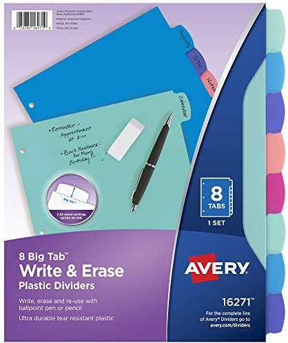 Avery Write & Erase Dividers for 3 Ring Binders, 8 Tabs per Set, Multicolor Big Tabs, Pastels, Binder Dividers Great for Organizing Reports, Projects, and More (16271)