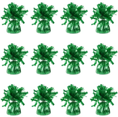 Pesas de globo de aluminio para globos de helio en lámina verde, 12 x 160 g, peso pesado para globos de cumpleaños, boda, celebración con borlas