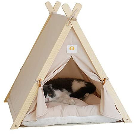 newrong Tienda de campaña para mascotas, diseño de cabaña, nido de gato, perro, beige, 60 x 55 x 63 cm