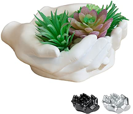 Tapeera Hand Shaped Succulent Planter Pot - Crystal Holder Display - Air Plant Holder Hand Planter - Giving Hands Sculpture Decor - Key Bowl Ring Dish Trinket Dish Candy Dish - Candle Holder (White)