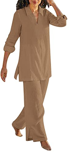 unilarinna Set Damen Outfit Einfarbig Luftige Leinen Zweiteiler Outfit Elegant 2 Teiler Hosenanzug Set Sommer Lässig Oberteil und Weite Hose Caprihose Freizeithose Baumwolle Leinen Anzug