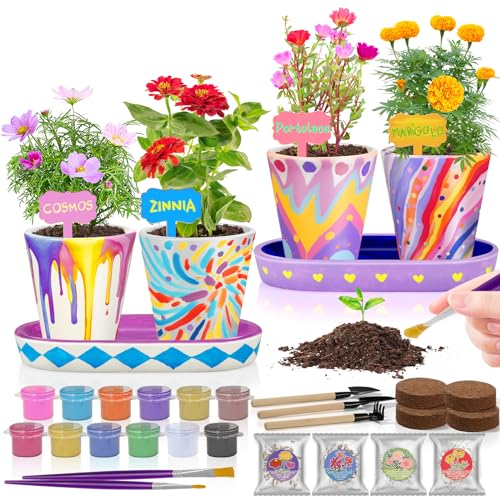 Tekoly 4er-Set Malen und Pflanzen von Keramik-Blumen, Basteln für Mädchen 8–12 Jahren, Experimente Gartenset Kinder, Spielzeug Geschenke für Mädchen und Jungen von 6 7 8 9 10 11 12, Ostern Geschenke