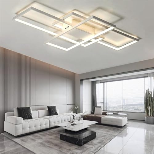 ASJK Lampadari Soggiorno Moderni con Telecomando, illuminazione a Soffitto Multifunzionale Geometrica 3000k-6000k per Soggiorno (80 cm, Bianco)