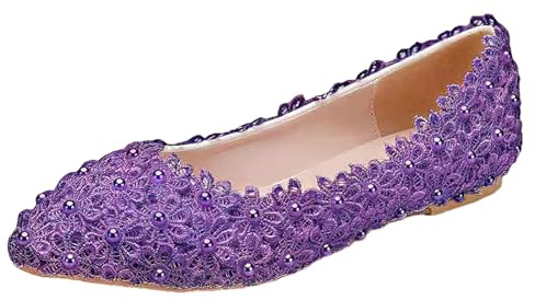 Jamron Femme Élégant Bout Pointu Fleur Dentelle Perles Chaussures de Mariée Escarpins Semelle Souple Ballerines Violet SN070435 EU41
