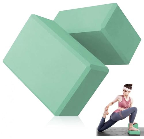 Yoga Blocks Set, LULUWA 2pcs EVA Foam Exercise Block with High Density & Non-slip for Improving Strength & Balance and Flexibility, Lightweight Pilates Brick for Fitness (Green, 23 x 15 x 7.7cm)