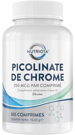 Complément alimentaire Picolinate de chrome 250 mcg | 365 Comprimés haute-concentration | Adapté aux végétaliens | Fabriqué au Royaume-Uni par Nutriota