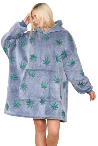 Unisex Adult Oversized Hug & Snug Blanket Hoodie Sherpa Fleece Lined Soft Wearable Blankets UK Stock (Blue Weed Leaf, One Size)