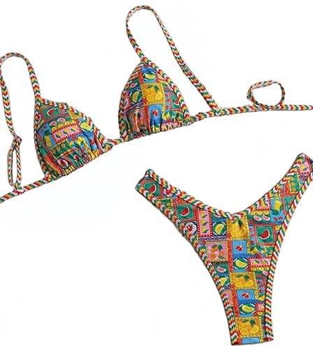 Ocean Plus Femme Boho Triangle Bikini Set avec Armatures Maillots de Bain Bandeau Slips avec Cordon de Serrage (M (EU 34-36), Fruits à Carreaux colorés)