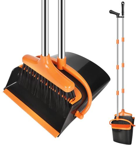 KIMIGO Juego de Escoba y Recogedor​​ con Mango Extensible (123 cm) - ​​Escoba y Recogedor Plegable para Interior/Exterior,Cocina,Garaje​​,Limpieza eficaz con diseño Moderno en Color Naranja