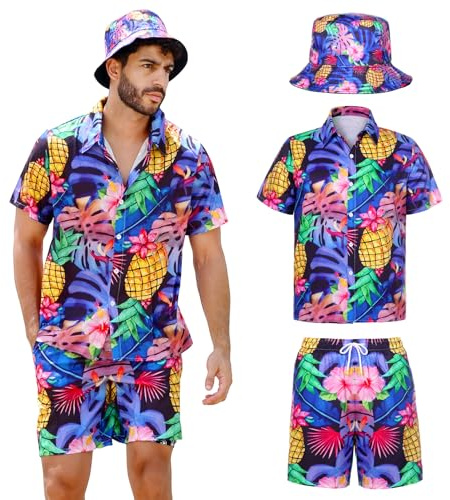 Joyesplay Ensemble hawaïen pour homme 3 pièces avec chemise flamant rose, short et chapeau de pêcheur - Chemises hawaïennes pour homme pour l'été, plage, chemise pour pool party, lilas, XXL