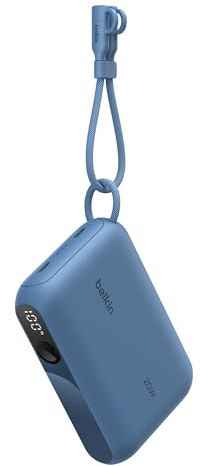 Belkin BoostCharge Powerbank på 10 000 mAh med Digital Batteridisplay - Blå | 10K Bärbar Laddare, 2 x USB-C Port, 20 W, Redo för Flygresan, Förladdad, Löstagbar Kabel för USB-C Medföljer, Lätt