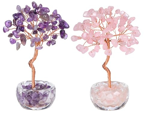 CrystalTears 2pcs Mini Crystal Trees Gifts for Women, Amethyst Rose Quartz Healing Gemstone Money Tree for Home, Office Desk Decoration, Good Luck Crystal Gifts for Friends Mum Christmas Birthday