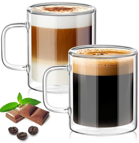 TKNO Lot de 2 tasses en verre à double paroi de 400 ml – Tasses à thé et café transparentes isothermes, grands verres en borosilicate avec poignées, résistant à la chaleur, pour latte, herbes ou