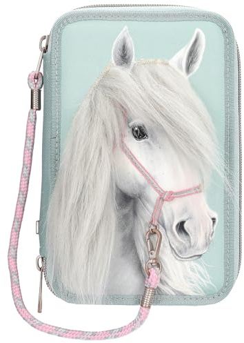 Depesche 13692 Miss Melody - Estuche de 3 Compartimentos en Color Verde Salvia, con aplicación de Cabeza de Caballo y Suave Crin, Estuche con lápices de Colores, Tijeras, Regla y Mucho más.