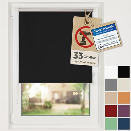 Blumtal Verdunkelungsrollo ohne Bohren 50x150cm - Thermorollo/Verdunklungsrollo 100% Verdunkelung - Klemmrollos für Fenster ohne Bohren - 4-lagiges Rollo UV-beständig - Sonnenrollo Fenster Schwarz