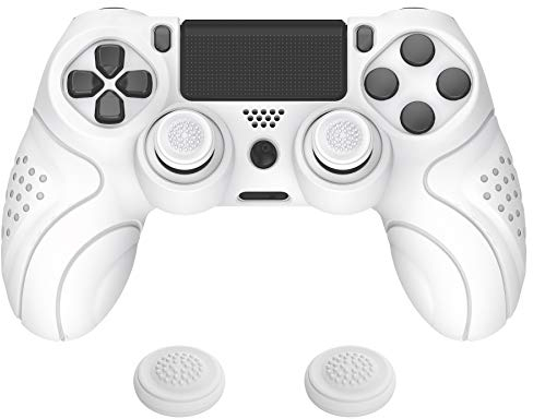 PlayVital Hülle für ps4 Controller,Case Zubehör Anti-Rutsche Schutzhülle Hülle ergonomische Griffe Skin,2 Stück Stick Kappen für Playstation 4 Slim Pro Controller(Guardian Edition,Weiß)