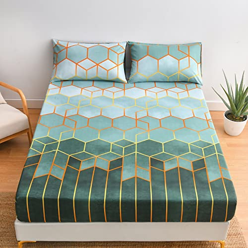Luofanfei Spannbettlaken 200x200cm Grün Dunkelgrün Geometrisches Muster Spannbetttuch Microfaser Grüne Dunkelgrüne Bettlaken Gestreift Kariert für bis 25-30 cm Matraze